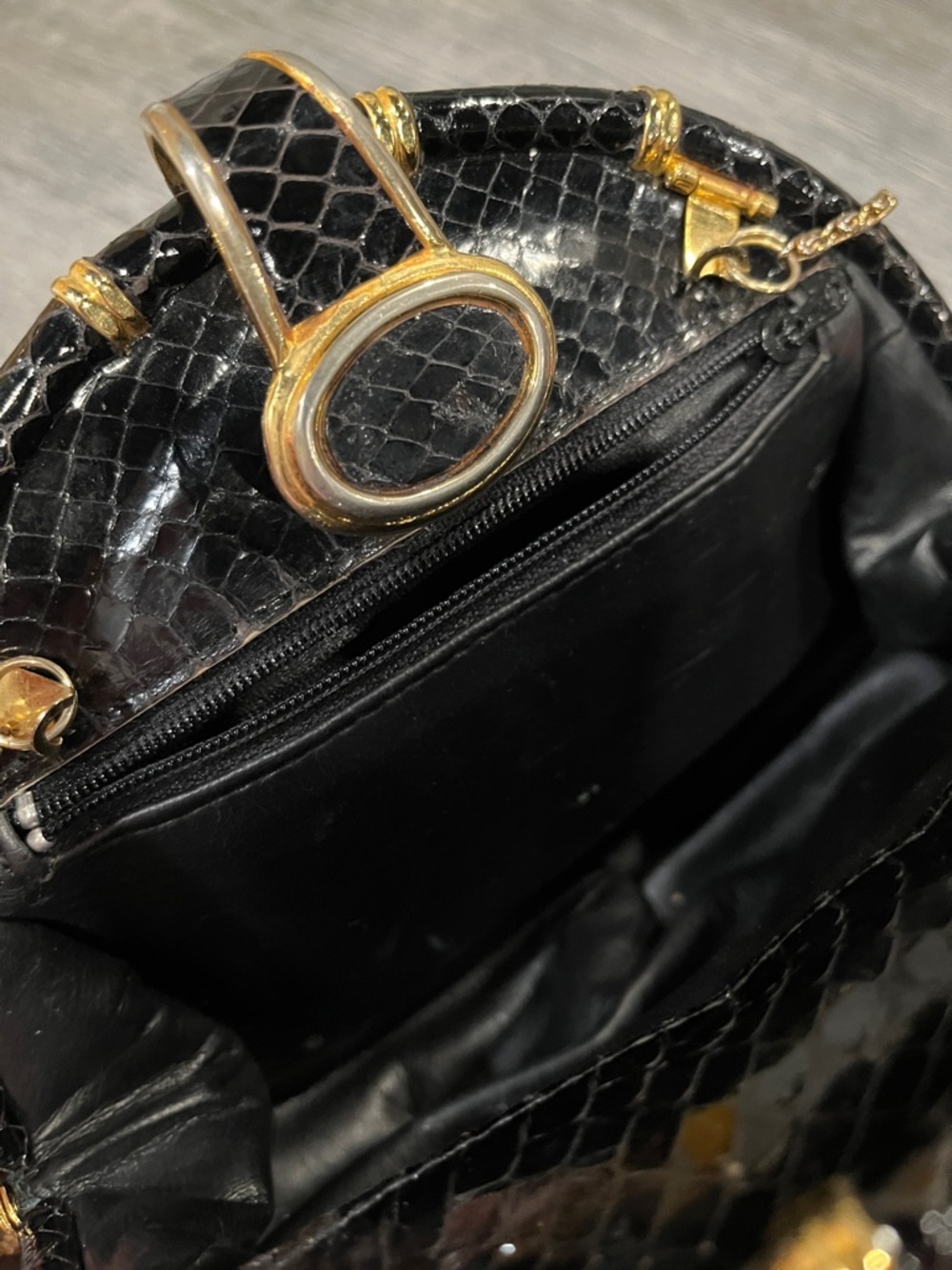 Vintage Black Snakeskin Clutch | Gold Chain Strap | 1980s Glam - Picture 8 of 13